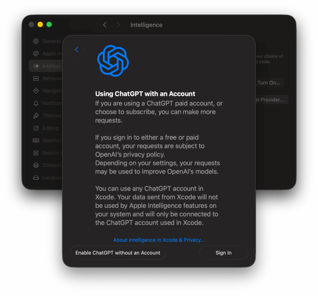ChatGPT Privacy in Xcode