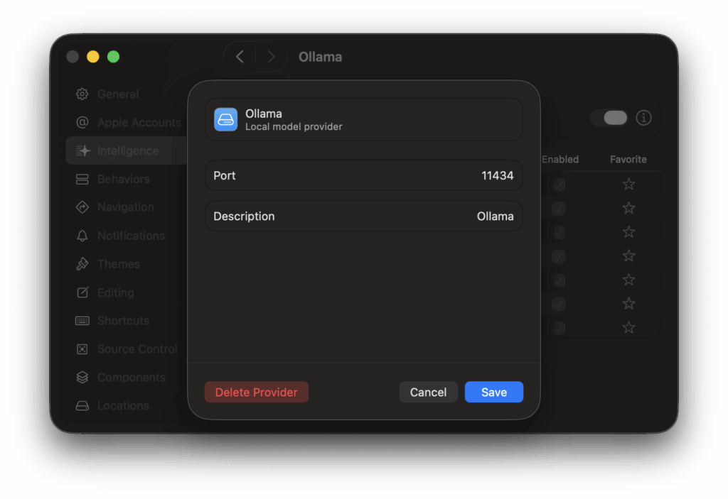 Ollama Settings in Xcode